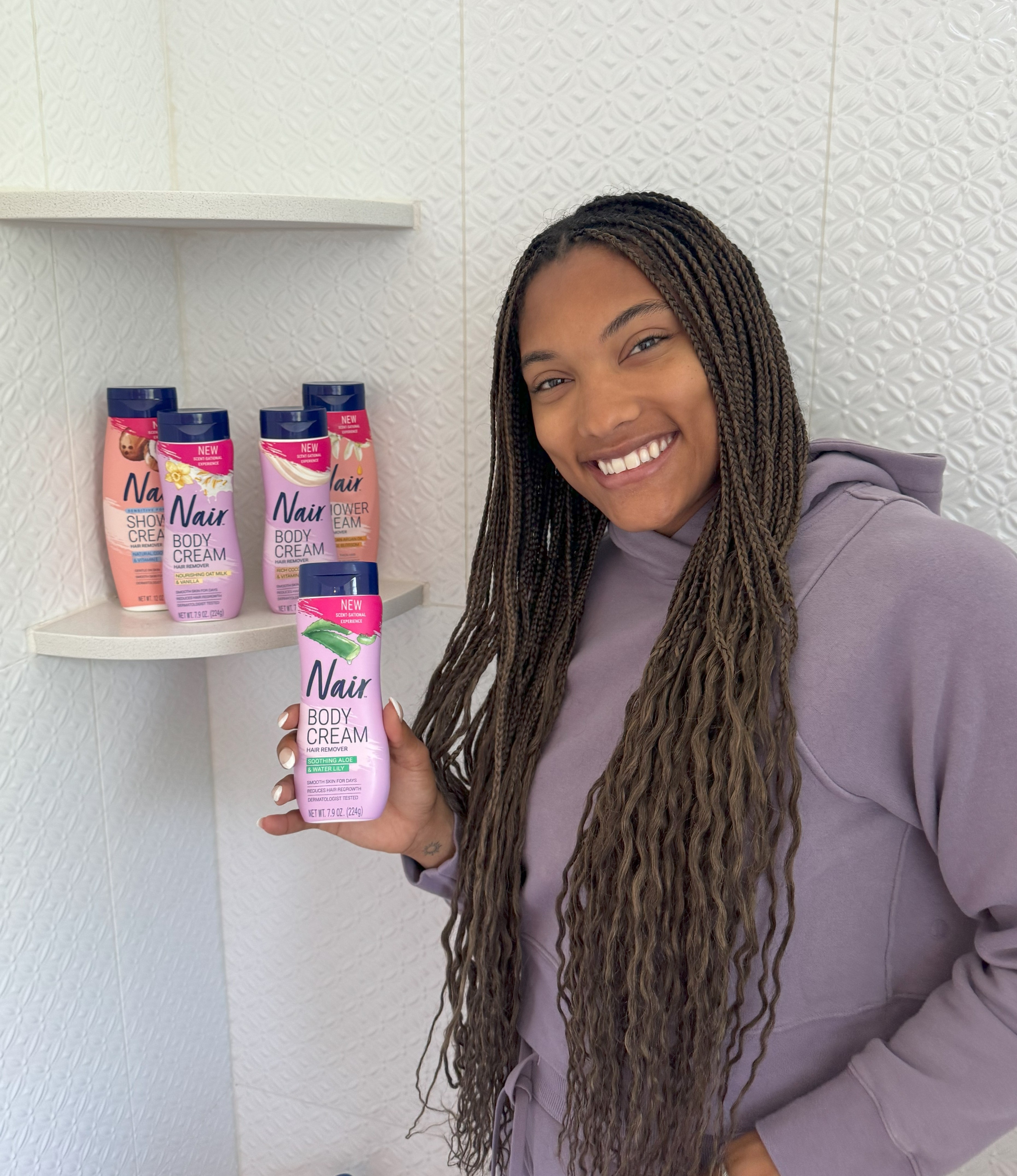 For Davis-Woodhall, Nair's Body Cream in Oat Milk and Vanilla is always the best choice to keep her skin as smooth as possible