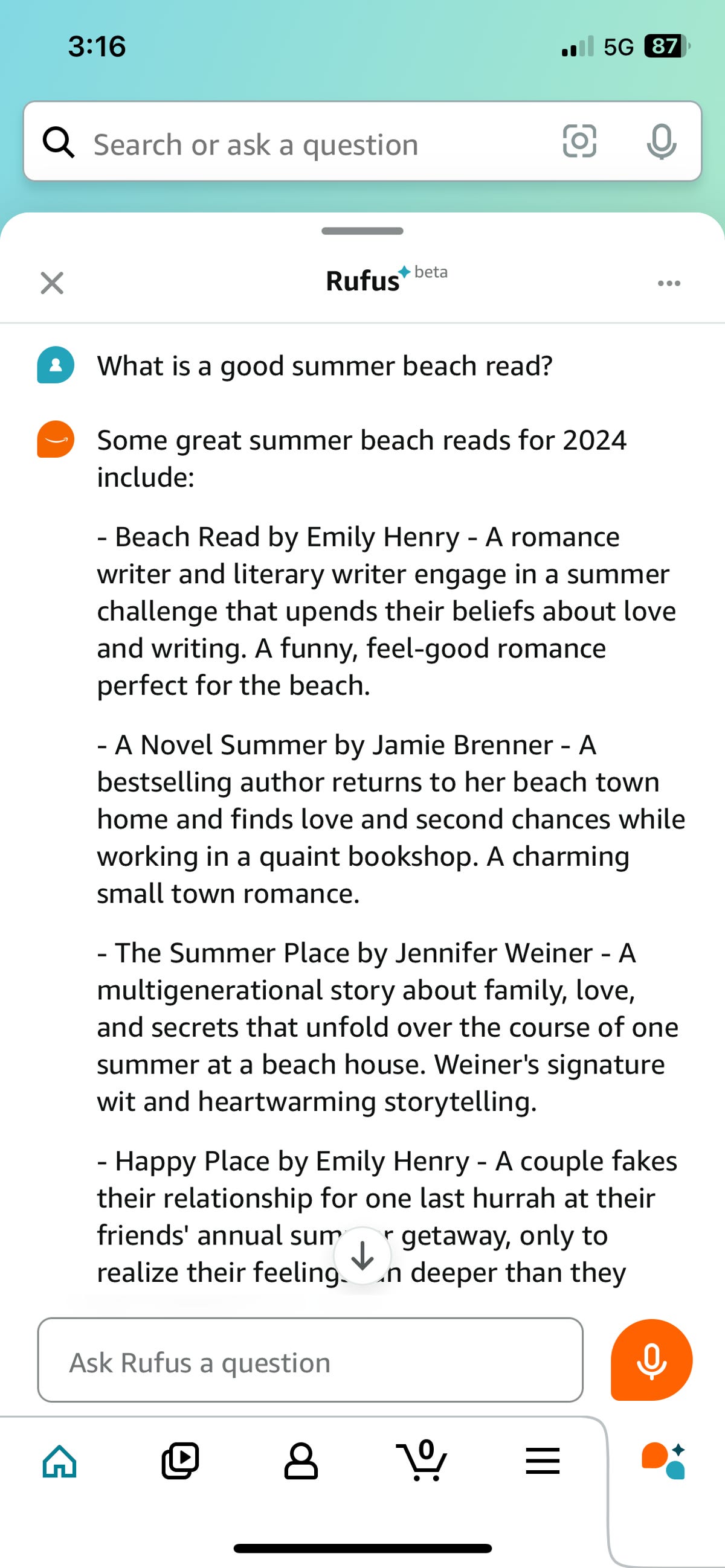 Amazon's AI shopping assistant answers a question about beach reading.