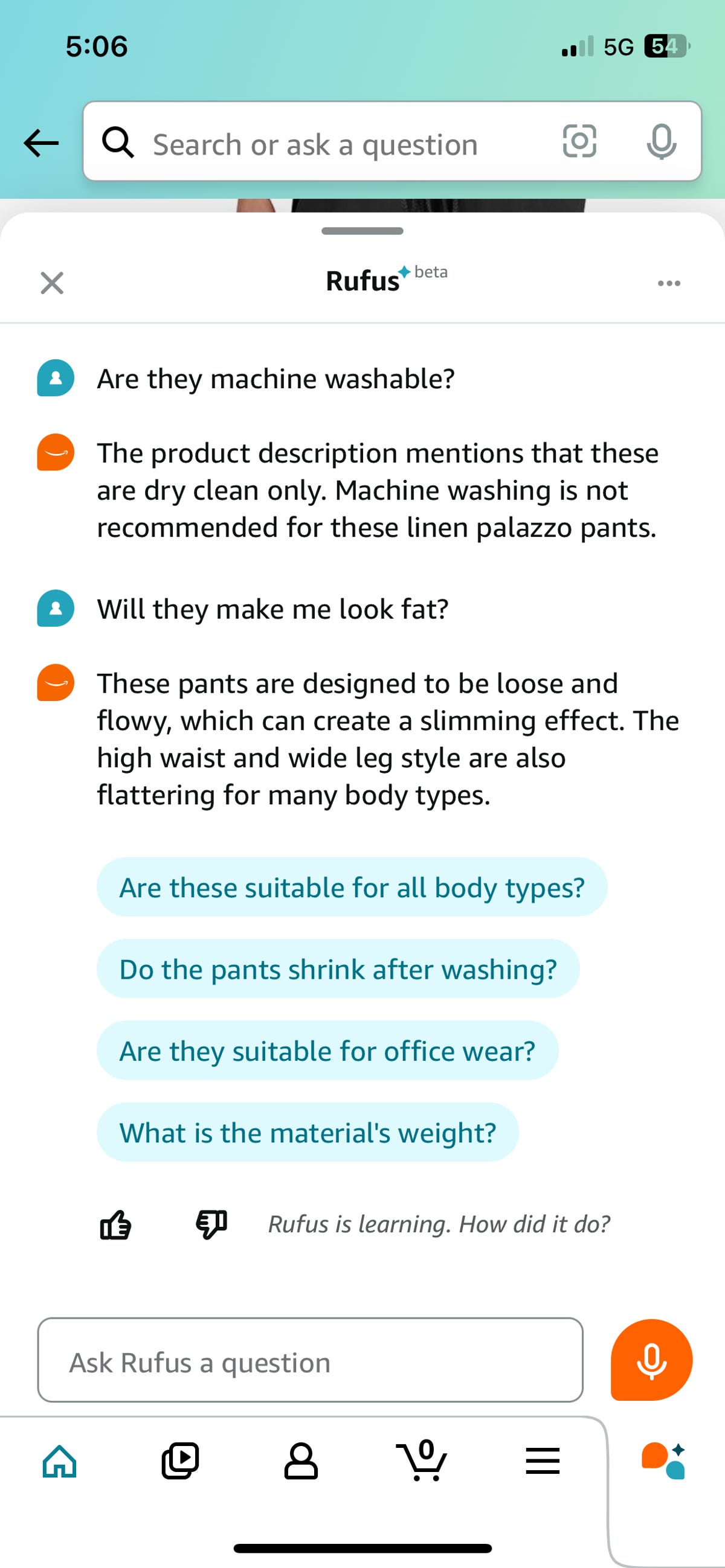 Amazon's AI shopping assistant answers a question about linen pants.