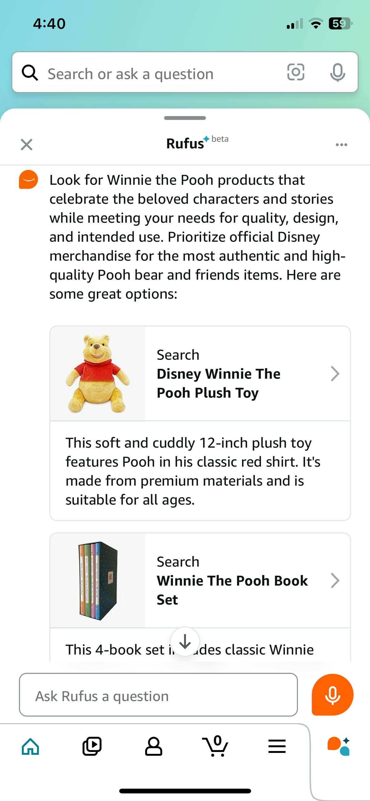 Amazon's AI shopping assistant answers a question about Winnie the Pooh.