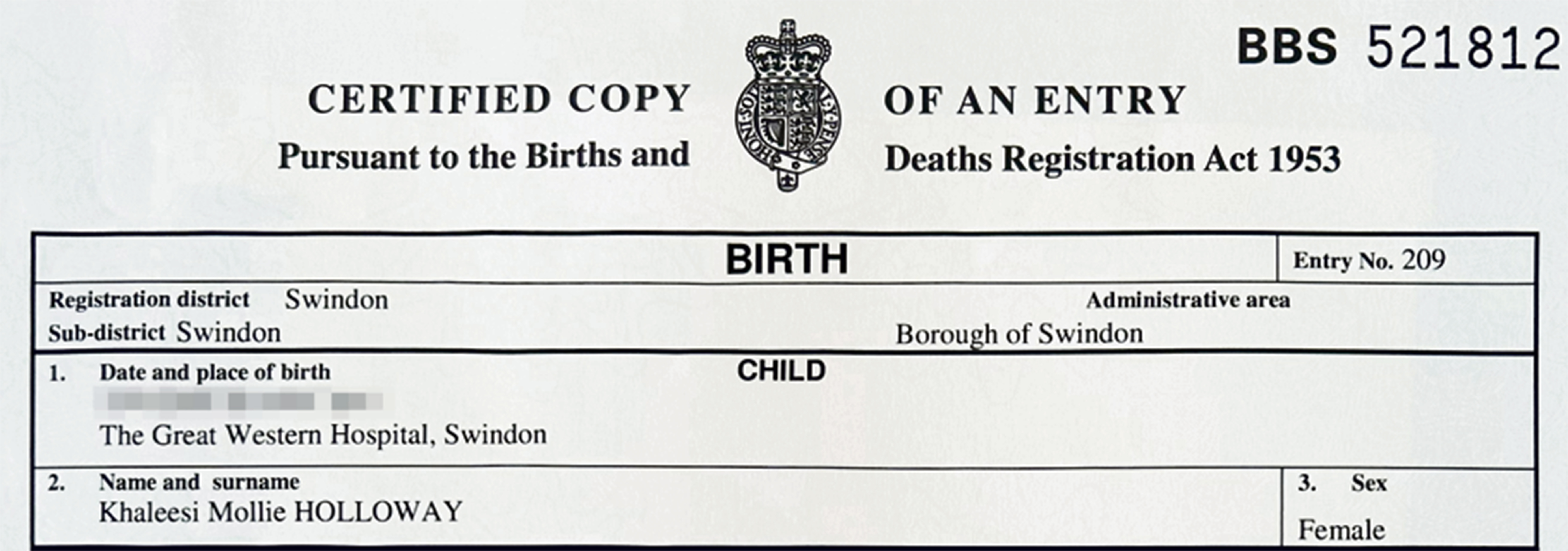 The birth certificate with Khaleesi Holloway's name