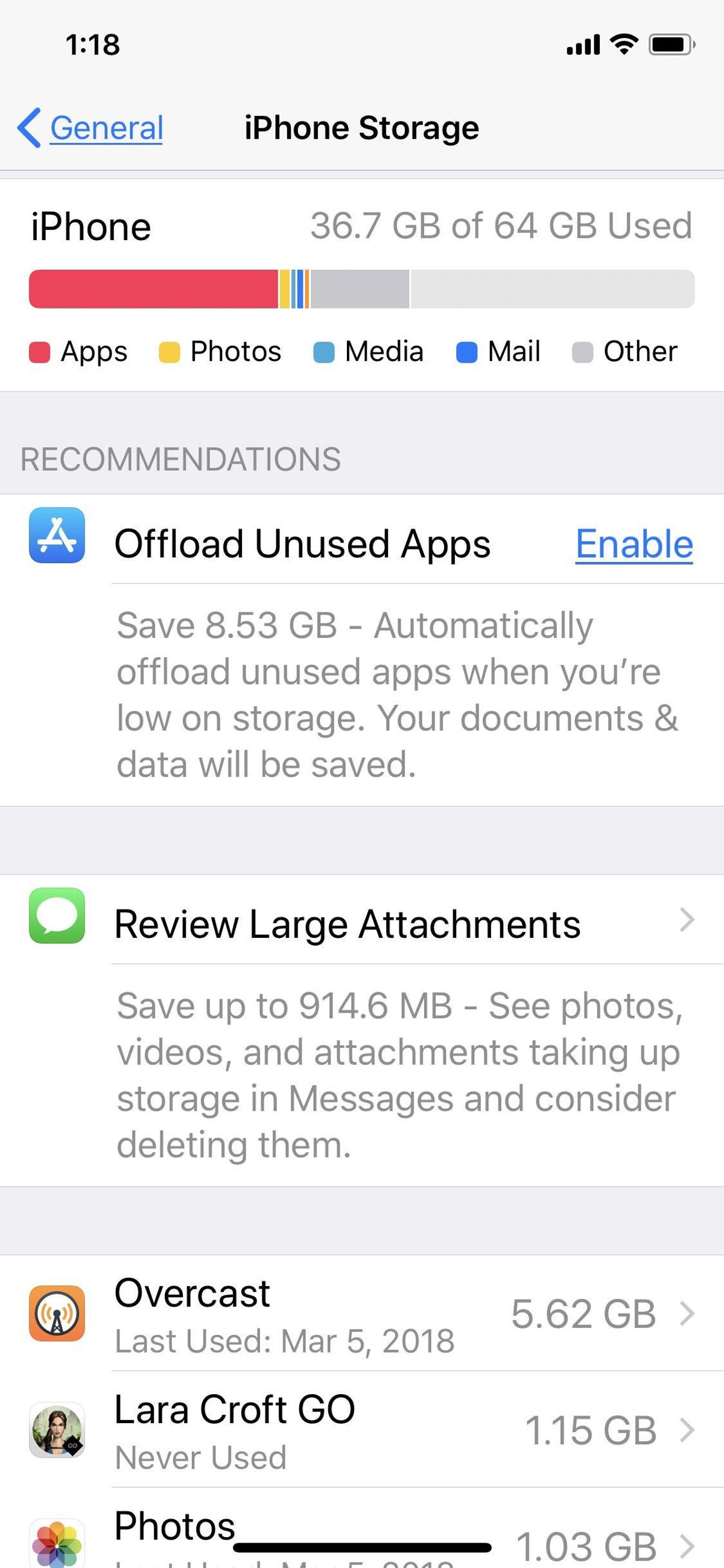 Screenshot of iPhone storage contents