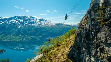 Pictured: The nail-biting mountain ladder in Norway, 2,600 feet above sea level – with people climbing it appearing to ‘float in the air’. Would YOU dare to tackle it?