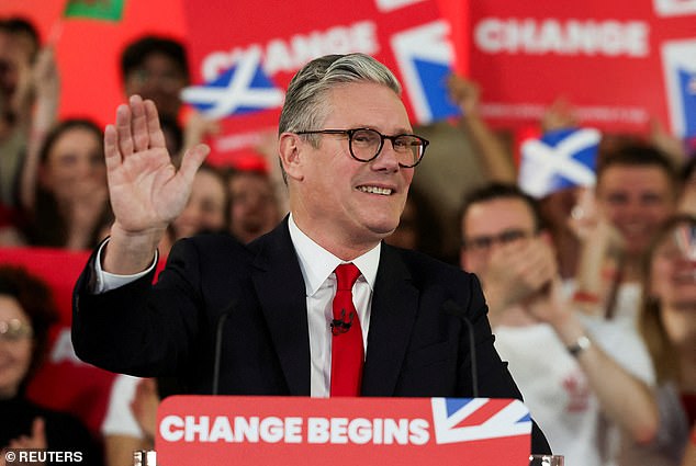 Britain’s new left-wing Prime Minister Keir Starmer delivers a victory speech after defeating incumbent Conservative politician Rishi Sunak in the general election