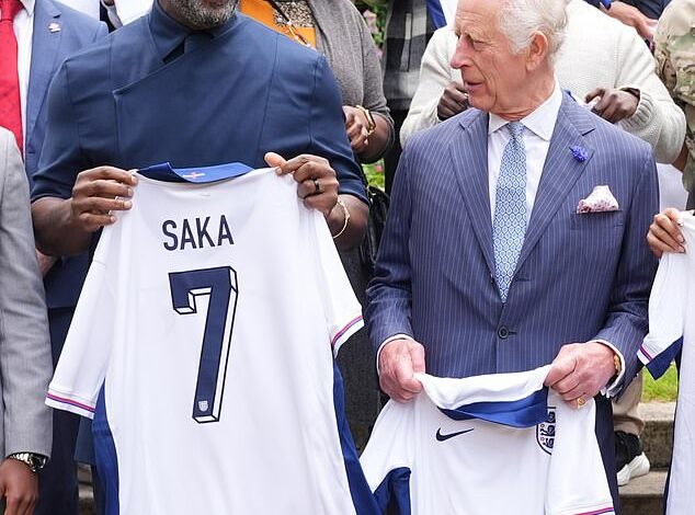 King Charles and Idris Elba show their support for the Three Lions as they beam in photos holding England shirts – after royal’s playful plea for team to secure a drama-free victory in the Euros final