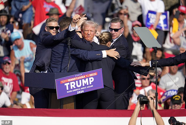 Witnesses say a man with a rifle ‘crawled like a bear’ on a roof near Trump’s rally before shots rang out… while officers say he fired from ‘hundreds of yards away’