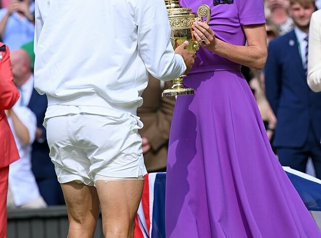 Kate Middleton presents Wimbledon trophy to Carlos Alcaraz as Spaniard wins for a second year in a row