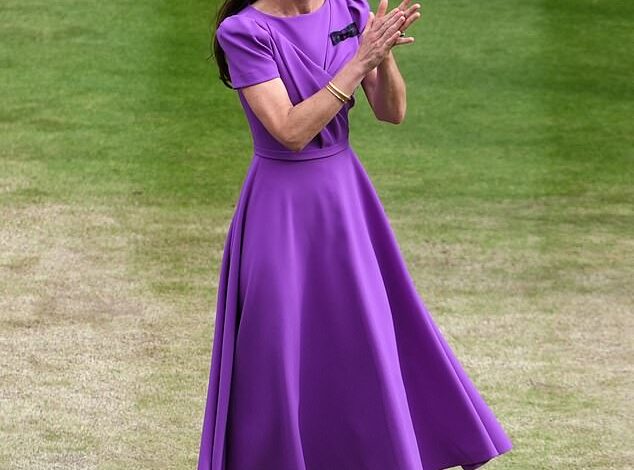 The colour of courage: Kate Middleton looks perfect in purple at Wimbledon as Centre Court rises in touching show of support, writes LIZ JONES