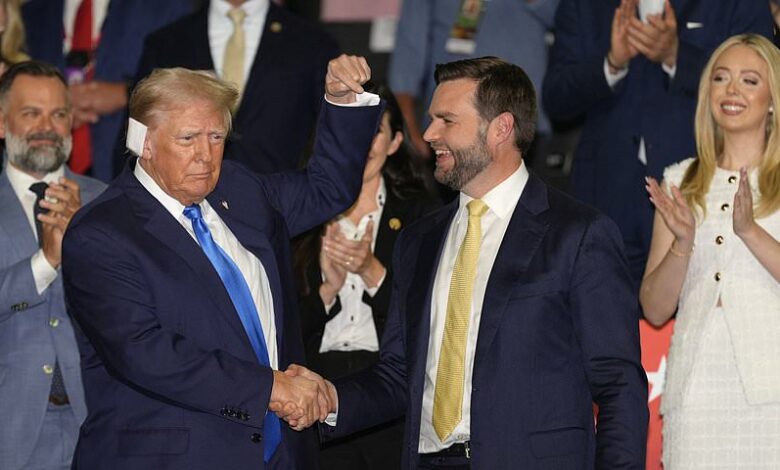 Donald Trump arrives to raucous reception on second day of Republican National Convention to watch former rivals DeSantis and Haley speak