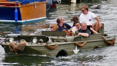 I feel like we shouldn’t be here! Classic amphibious vehicles sail up the Thames for the annual Traditional Boat Festival