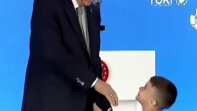 Moment Turkish President Erdogan punches a child in the face for not kissing his hand when he extended it on stage