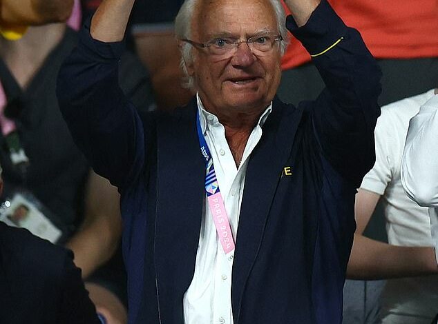 King of the good cheer! Sweden’s Carl XVI Gustaf, 78, puts on a cheerful display as he joins Queen Silvia, 80, in the quarter-finals of the men’s table tennis team at the Paris Olympics