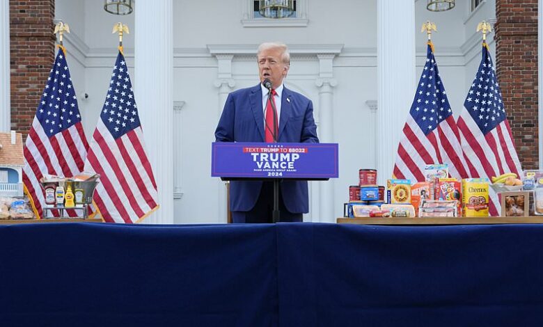 Trump press conference live: Former president speaks to the media surrounded by groceries