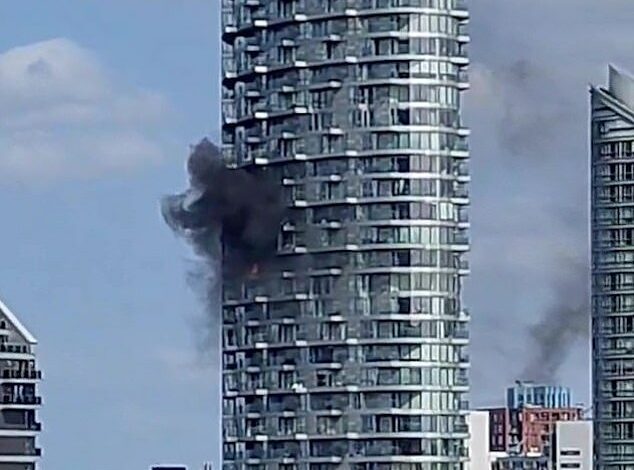 Second London tower block is ravaged by a blaze: Dozens of firefighters rush to tackle inferno at 45-storey high-rise in Blackwall – hours fire in nearby Dagenham flats sparked a major evacuation