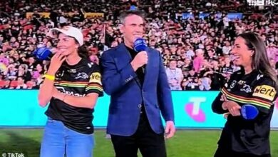 Watch the embarrassing moment Channel Nine NRL presenter Brad Fittler makes an awkward joke about KISSING Olympic heroines Jess and Noemie Fox – and their reaction says it all