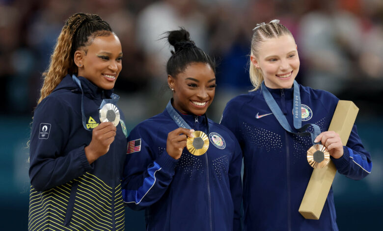 Simone Biles jumps to her third gold medal at the Paris Olympics