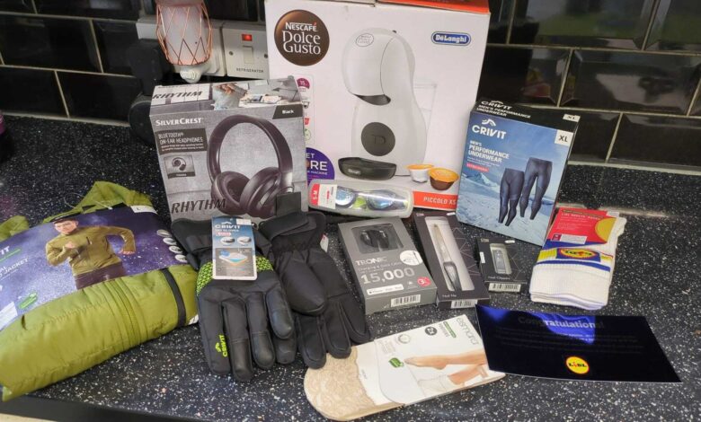 Lidl customers show off £20 mystery boxes containing coffee machines and headphones