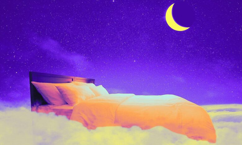 Mattress under a night sky, orange sheets on the bed.