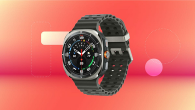 Shows the SAMSUNG Galaxy Watch Ultra on a red background.