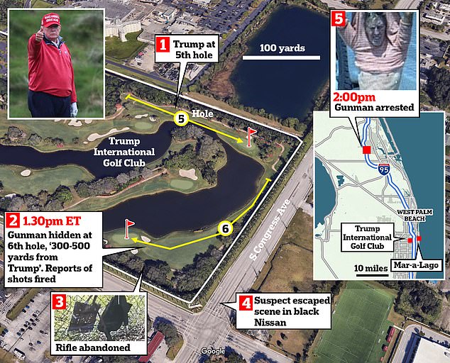 How Donald Trump’s casual Sunday golf session was minutes away from becoming a historic disaster: Map shows how close ‘assassin’ Ryan Wesley Routh was to former president before he fled secret service agents