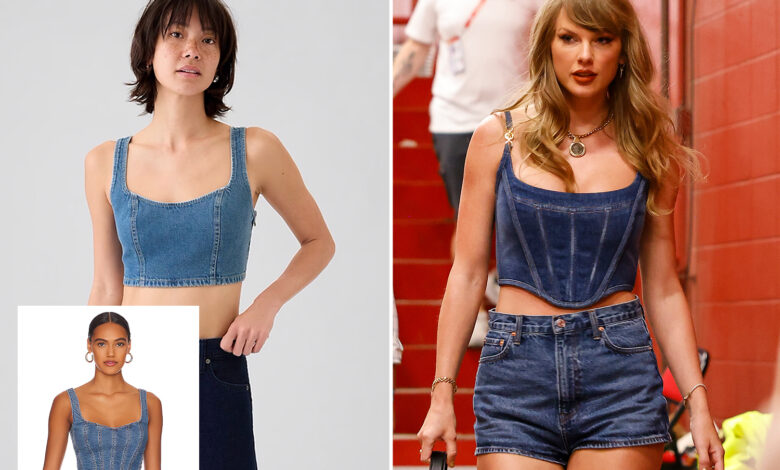 Score Taylor Swift’s ,325 Versace Denim Corset Look for Just 