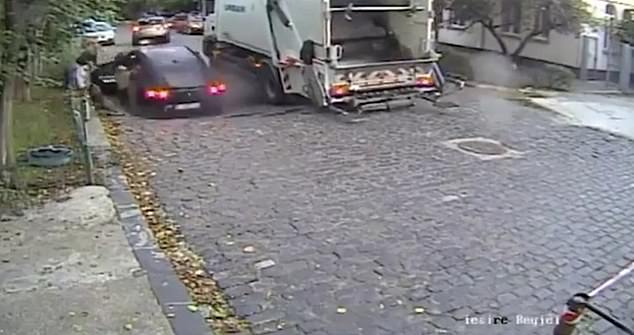 Terrifying moment mother and five-year-old are swallowed by cobblestones as they drop son off at nursery school