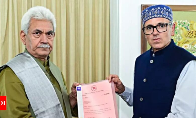 Omar Abdullah meets LG, stakes claim to form government in J&K | India News – Times of India