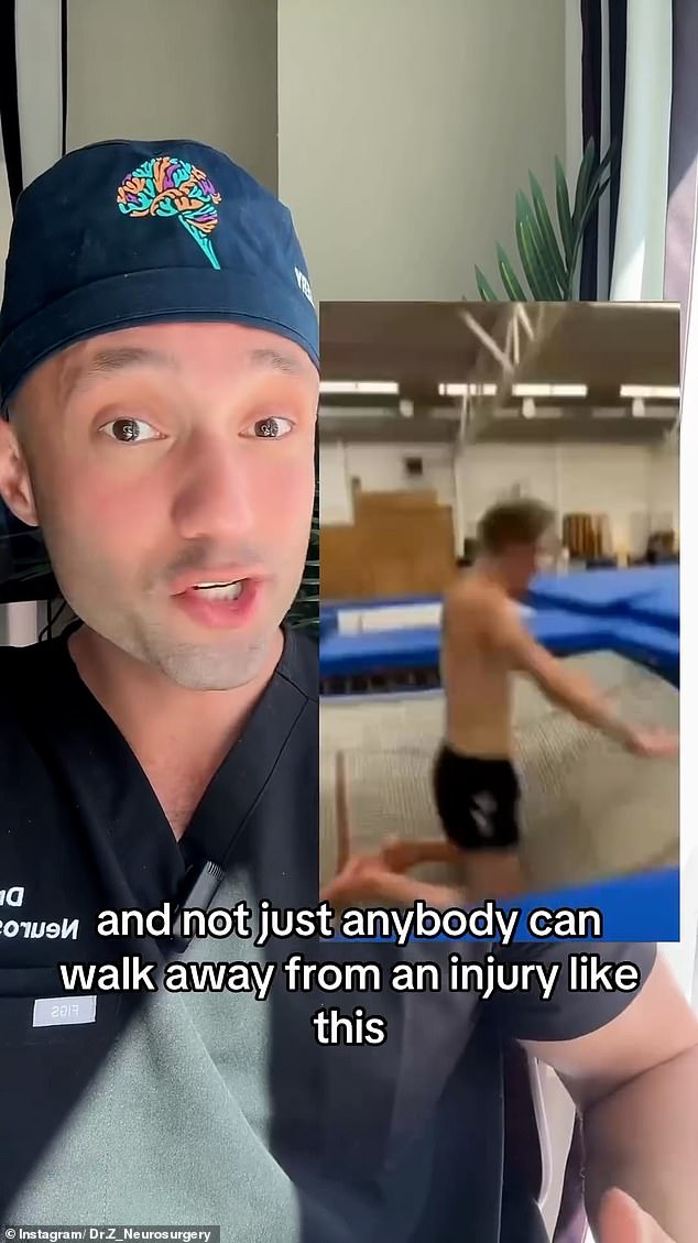 The painful moment when a professional trampolinist sustains a back injury halfway through the somersault