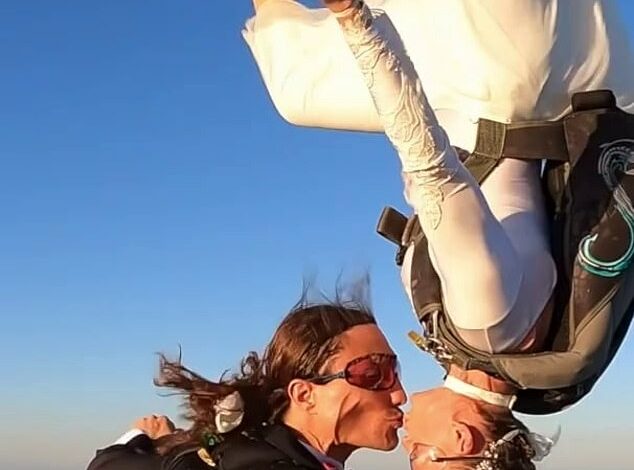 Stunning moment as woman dubbed ‘world’s sexiest skydiver’ ties knot with husband, 38, during daring skydive