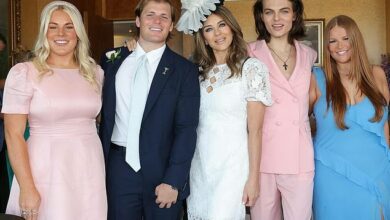 Elizabeth Hurley tenderly puts her arm around ex Shane Warne’s daughter Brooke as she reunites with the late cricketer’s children on Crown Oaks Day in Melbourne