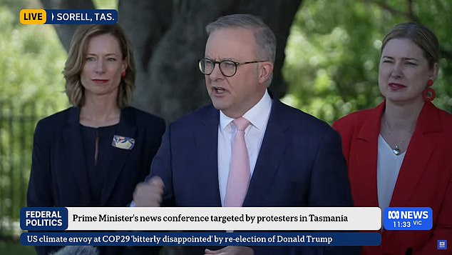 Wild moment Anthony Albanese is heckled as protesters disrupt press conference in Tasmania