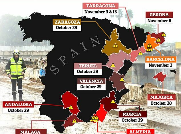 Spain’s deadly rain: Shocking moment streets turn to rivers after another huge storm hits the Costa del Sol – as graphic shows how coast has been battered by storms that have killed 220