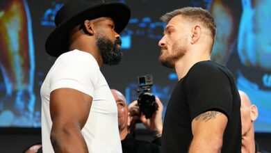 Jon Jones leaves Stipe Miocic in stitches with six-word threat after refusing to shake hands as rivals face off for the first time in tense UFC 309 press conference