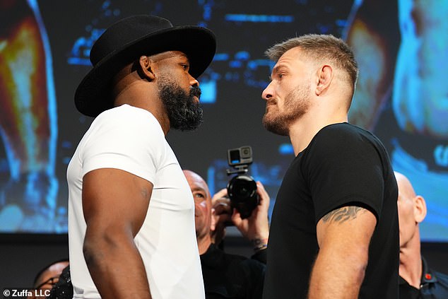 Jon Jones leaves Stipe Miocic in stitches with six-word threat after refusing to shake hands as rivals face off for the first time in tense UFC 309 press conference