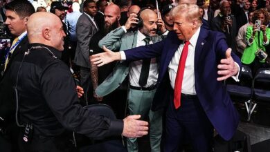 Donald Trump arrives to a raucous reception at UFC 309 with Dana White, Elon Musk and Robert F. Kennedy Jr.