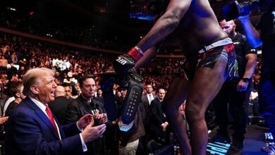 Iconic moment as UFC hardman Jon Jones hands Donald Trump his championship belt and bows to the president-elect – sending fans wild