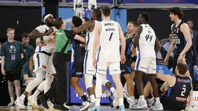 Huge brawl breaks out in the NBL as ‘four fans’ are kicked out, while ex-LA Lakers stars clash with opponents in heated argument