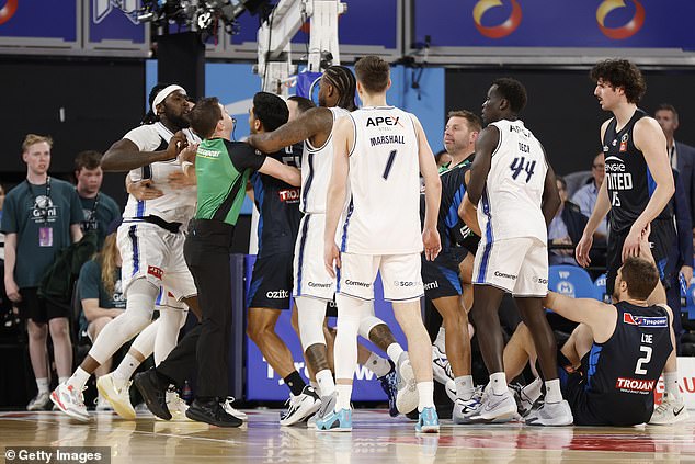 Huge brawl breaks out in the NBL as ‘four fans’ are kicked out, while ex-LA Lakers stars clash with opponents in heated argument