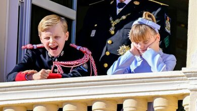 Prince Jacques and Princess Gabriella of Monaco, nine, rival Charlotte and Louis with their naughty antics on palace balcony during National Day