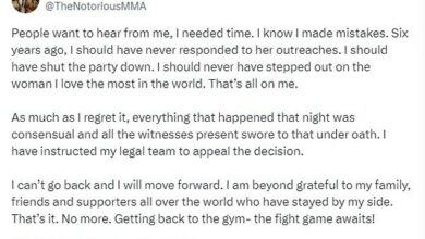 Conor McGregor issues shock 120-word statement vowing to appeal his sex assault courtroom defeat but admitting ‘mistakes’ and ‘regrets’: Shamed MMA star addresses cheating on ‘the woman I love most in the world’