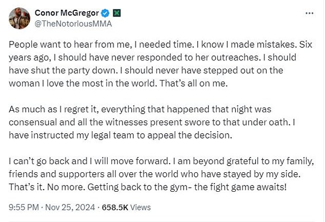 Conor McGregor issues shock 120-word statement vowing to appeal his sex assault courtroom defeat but admitting ‘mistakes’ and ‘regrets’: Shamed MMA star addresses cheating on ‘the woman I love most in the world’