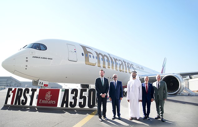 Emirates unveils its first Airbus A350, with business class seats inspired by the Mercedes S-class and Wi-Fi that even works over the NORTH POLE