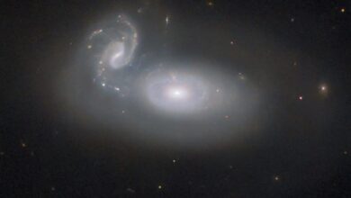 Hubble shows cosmic collisions of two galaxies in the Coma Cluster.