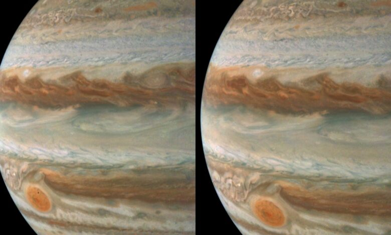 NASA’s Juno shows the storms of Jupiter and the moon Amalthea up close