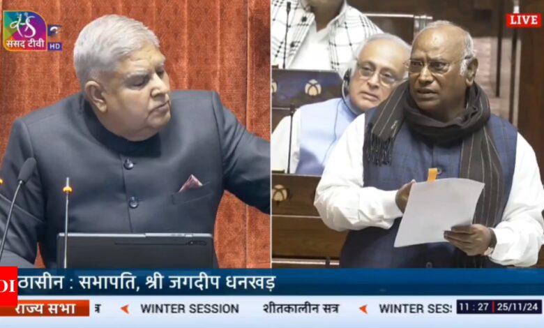 Watch: Mallikarjun Kharge and Jagdeep Dhankar at deadlock over Adani issue in Rajya Sabha | India News – Times of India