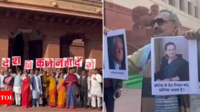 ‘Sonia-Soros, Adani-Modi’: BJP and Opposition MPs engage in poster battle outside Parliament; watch video | India News – Times of India