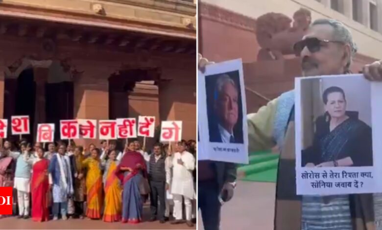 ‘Sonia-Soros, Adani-Modi’: BJP and Opposition MPs engage in poster battle outside Parliament; watch video | India News – Times of India